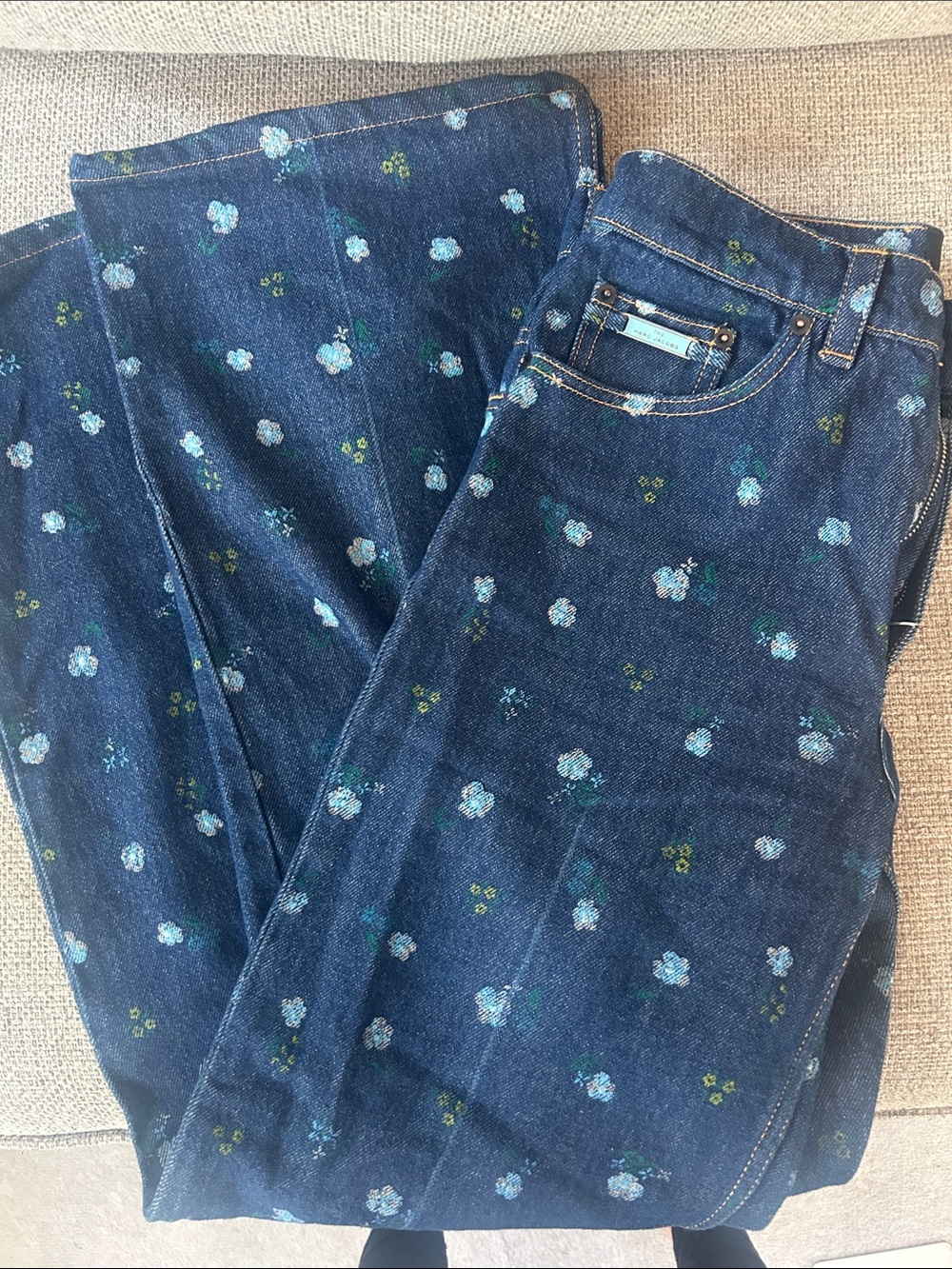 Marc Jacobs Dark Blue Denim ‘the Flared Jean’ with Light Blue Floral Print